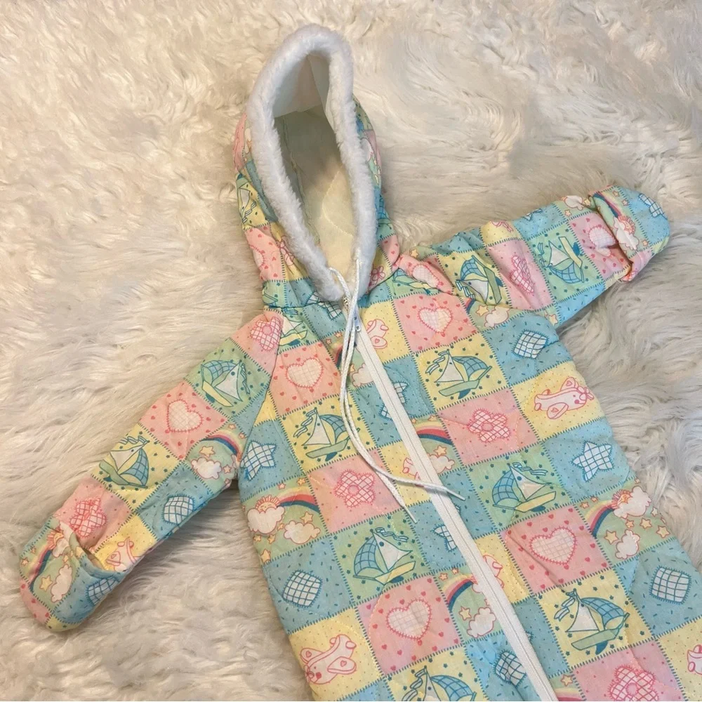 Vintage Baby Bunting Snowsuit 0-6 months Patchwork Pastel Colors Please Read